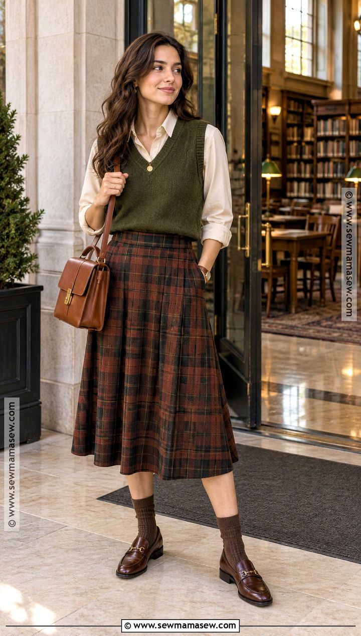 Dark Autumn Sweater Vest And Midi Skirt Outfit - 15 dark autumn outfits casual