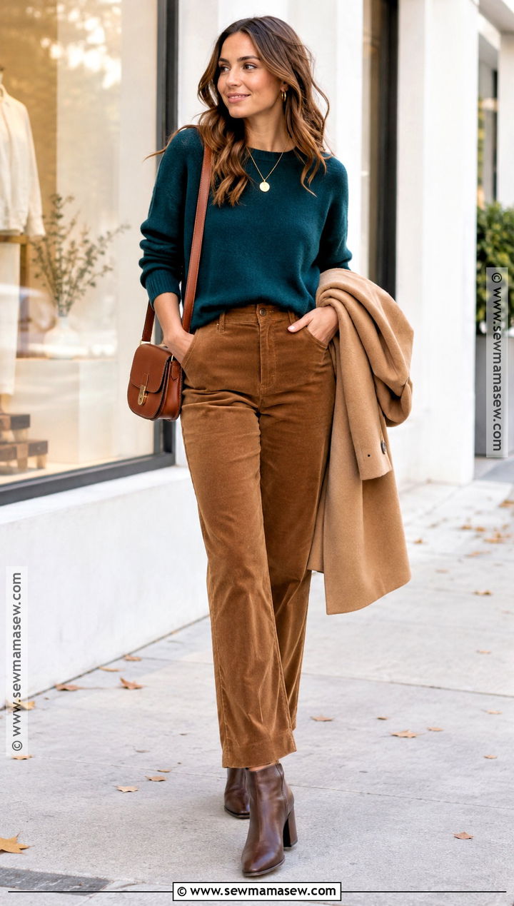 Dark Autumn Teal Sweater And Corduroy Pants Outfit - 15 dark autumn outfits casual
