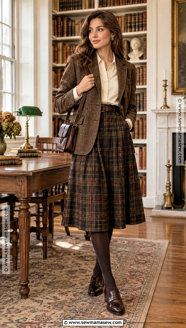 Dark Autumn Tweed Blazer And Plaid Skirt Outfit - 20 dark autumn style ideas