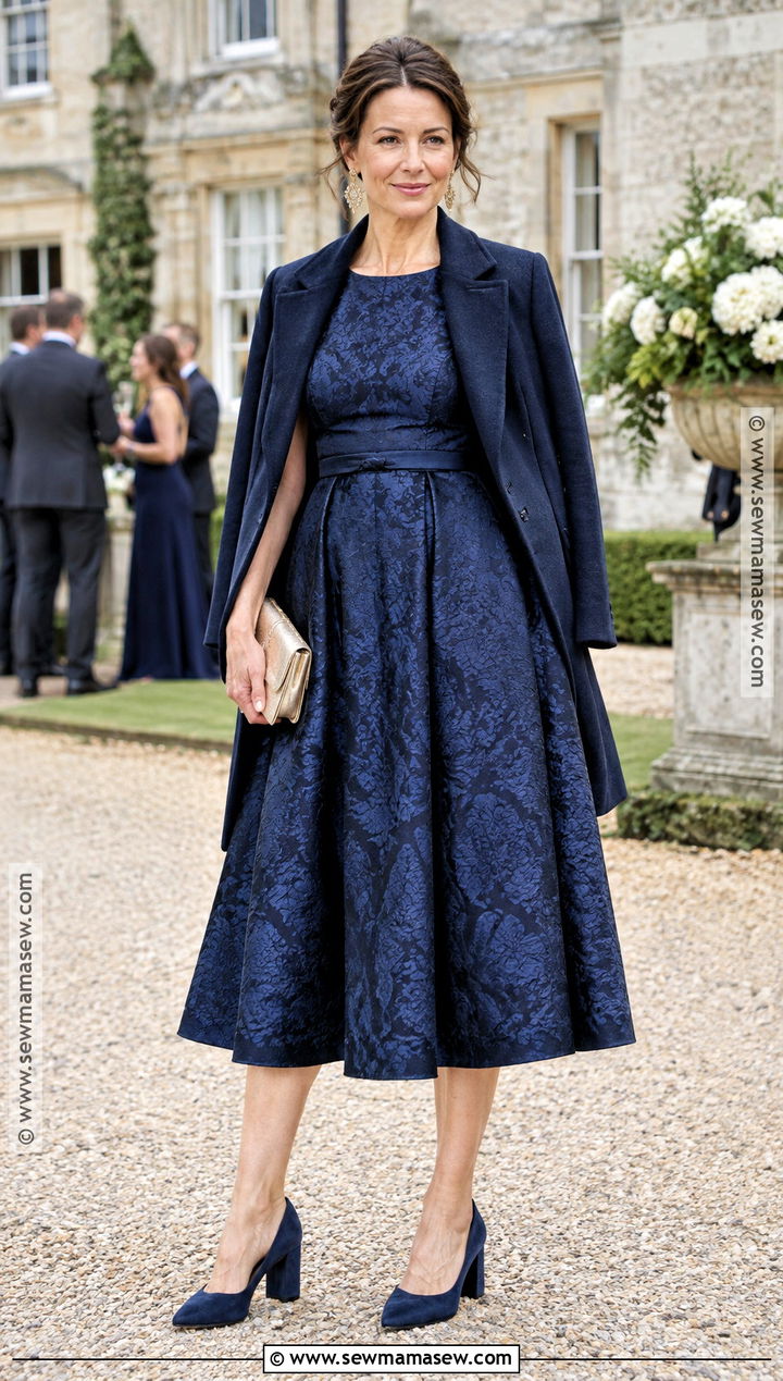 Dark Blue Jacquard Fall Wedding Guest Dress - 15 Fall Wedding Guest Dress Outdoor Ideas