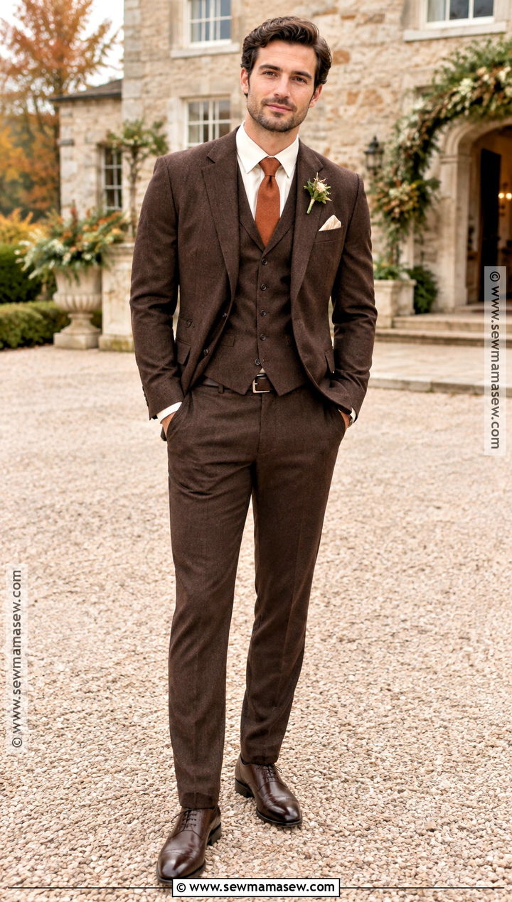 Dark Brown Groom Suit for a Fall Wedding - 15 fall mens wedding attire groom style ideas