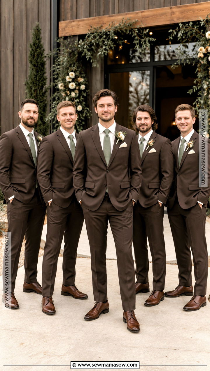 Dark Brown Groomsmen Suit With Sage Tie - 15 groomsmen outfits fall wedding