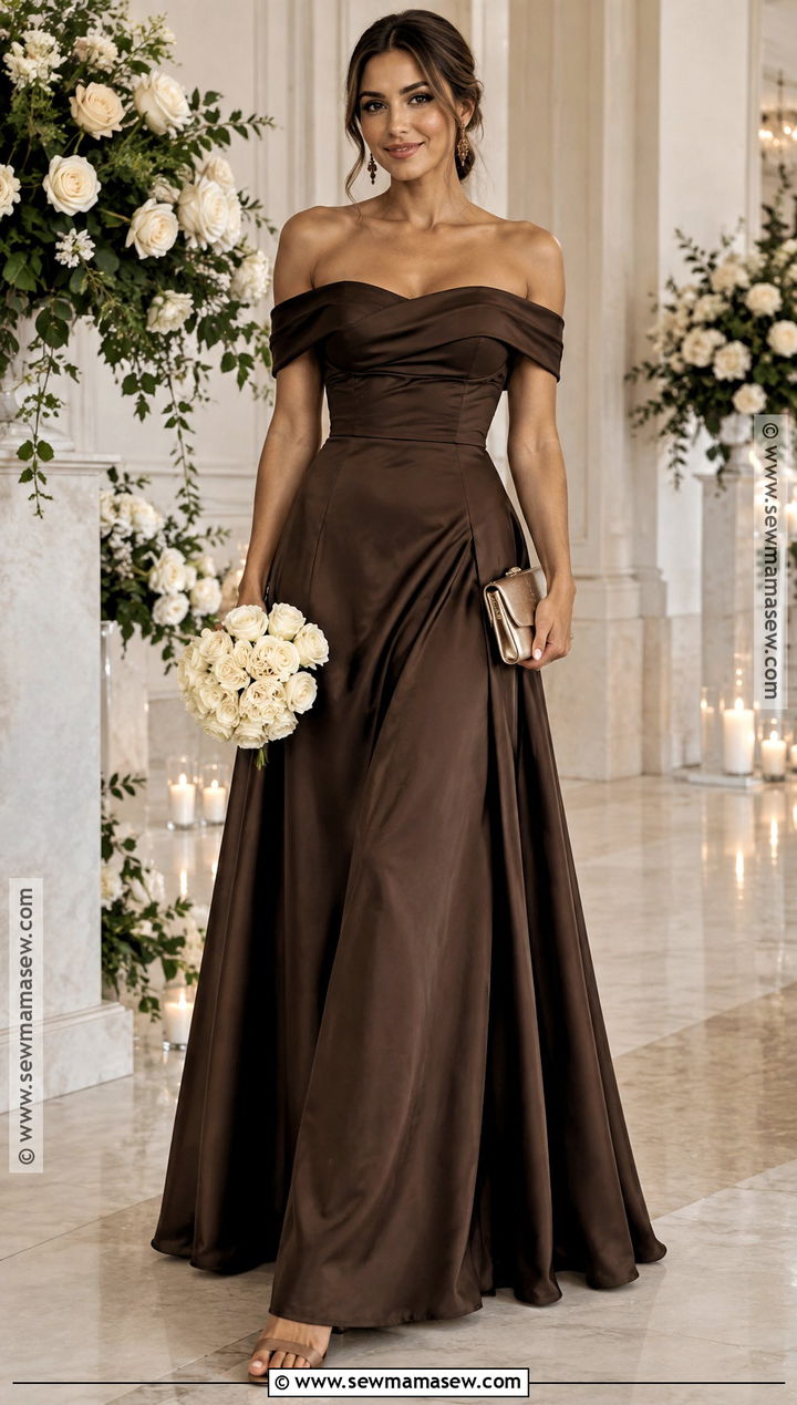 Dark Brown Off Shoulder Bridesmaid Dress - 15 Fall Wedding Brown Bridesmaid Dresses