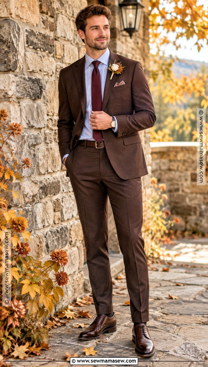 Dark Brown Suit Groom Attire - 15 fall country wedding groom attire ideas