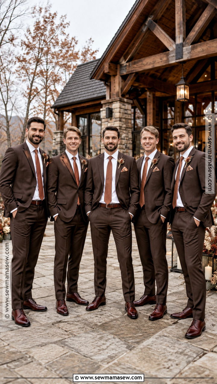 Dark Brown Suit With Ivory Shirt - 15 fall rustic groomsmen attire ideas