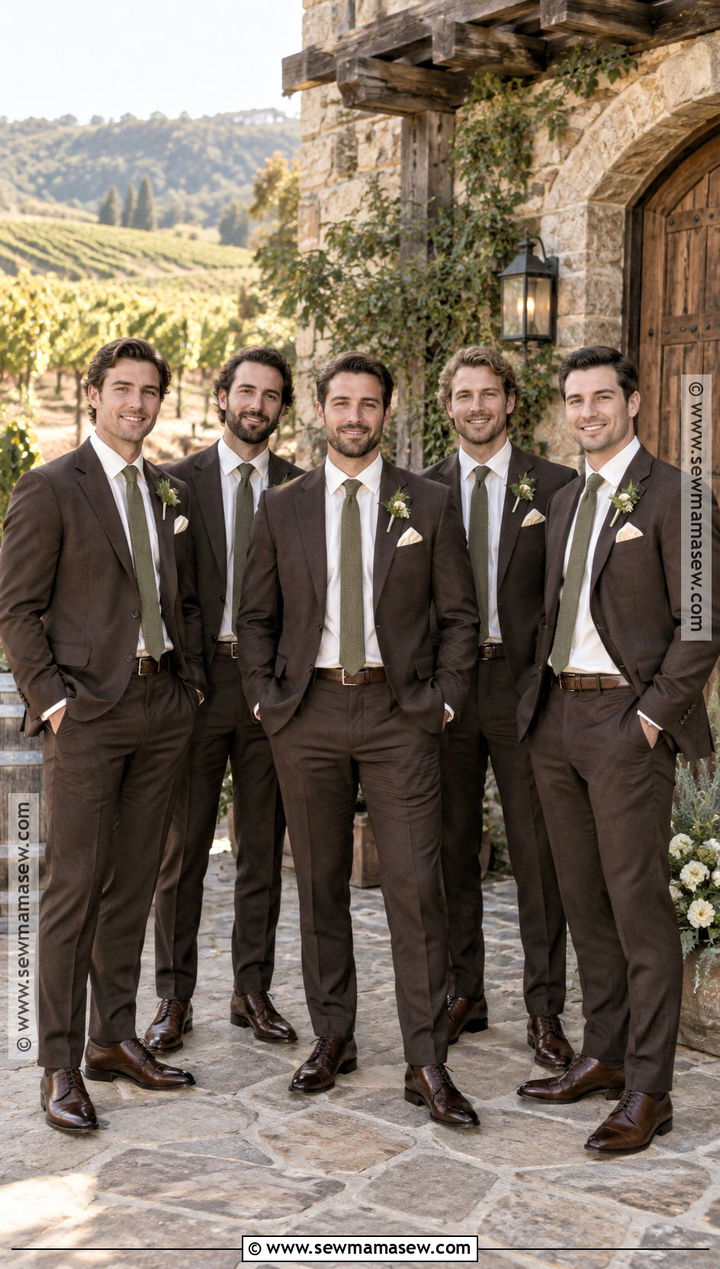 Dark Brown Suit With Sage Tie - 20 fall groomsmen attire rustic ideas