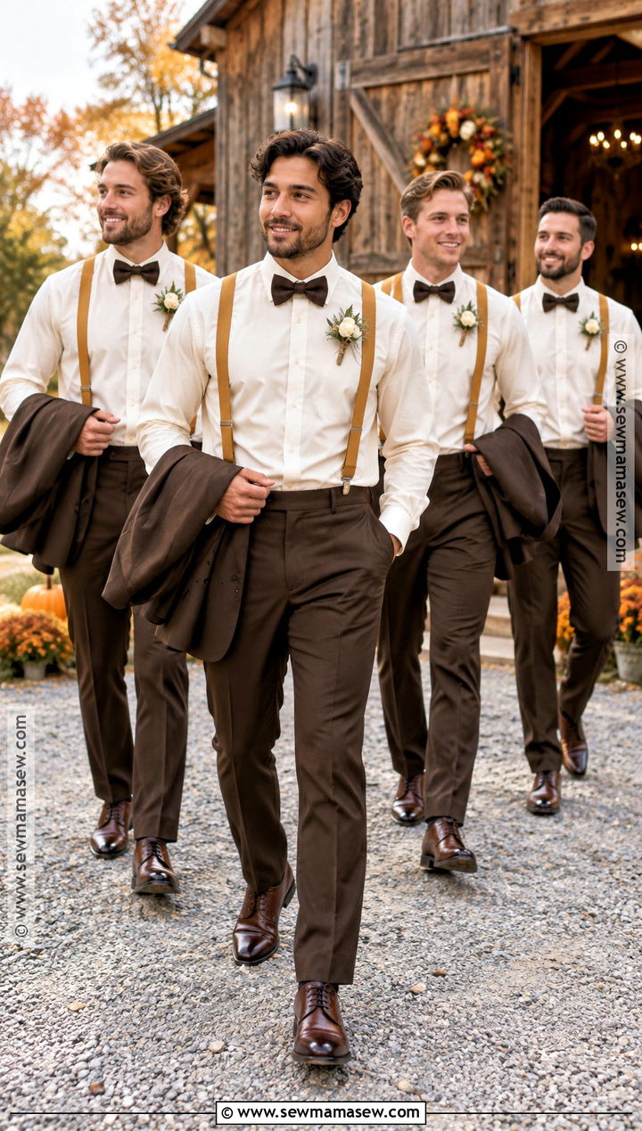 Dark Brown Trousers With Mustard Suspenders - 15 fall groomsmen attire suspenders ideas