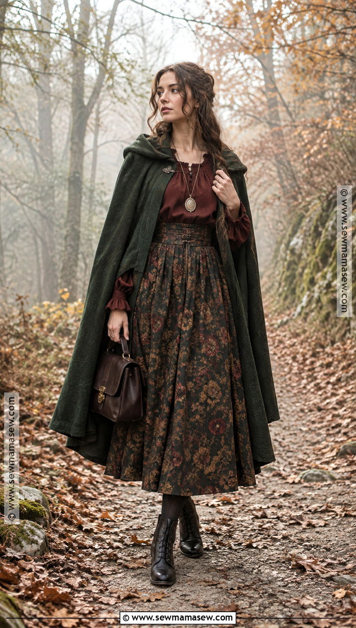 Dark Cottagecore Skirt With Blouse And Cape - 15 cottagecore outfit fall ideas