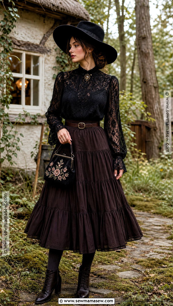 Dark Cottagecore Witch Outfit With Lace Blouse - 30 cottagecore witch outfit ideas