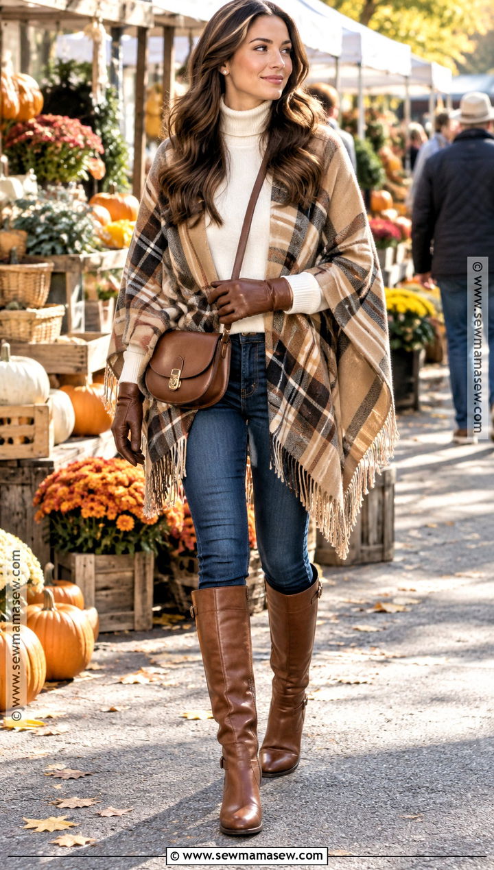 Dark Denim And Brown Boots Outfit With A Poncho - 20 fall brown boots outfit