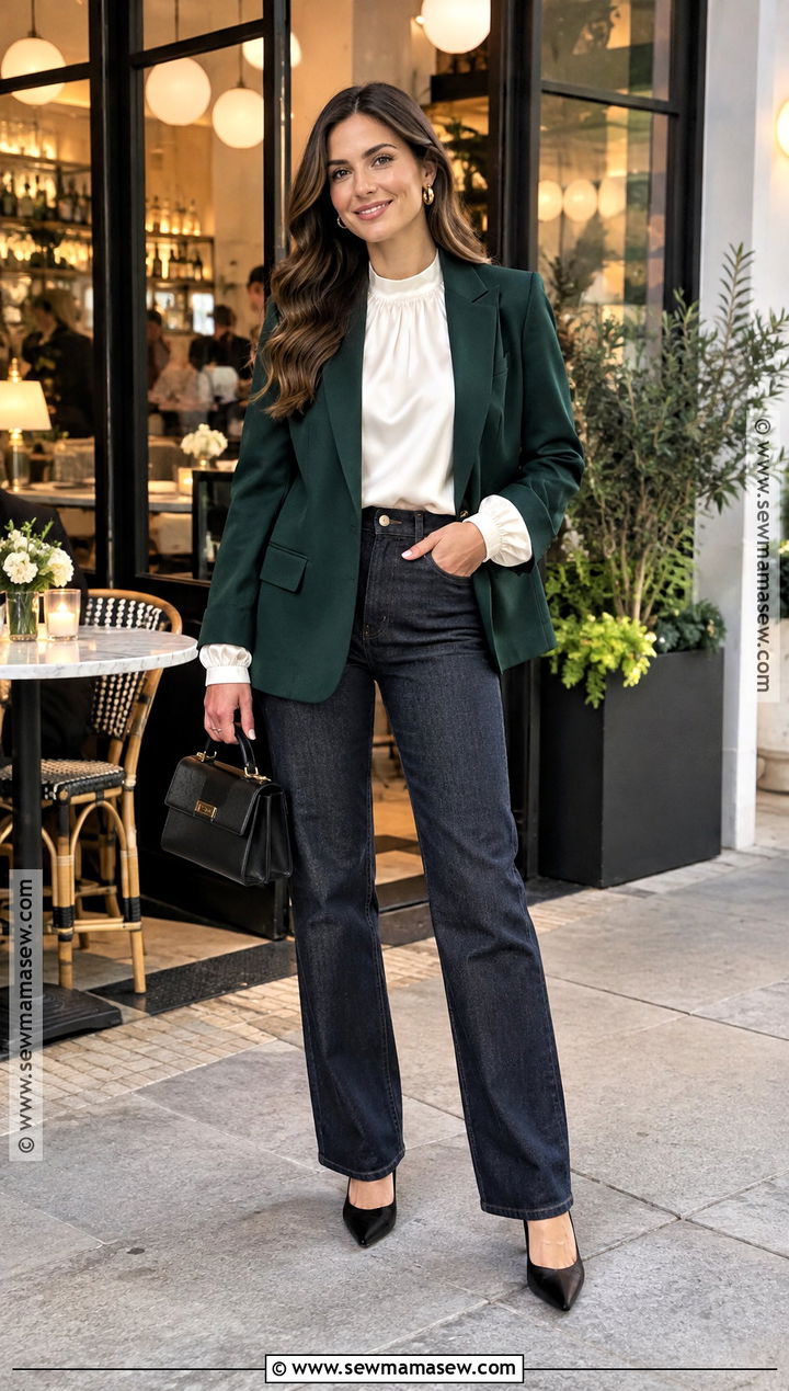 Dark Denim And Statement Blouse Birthday Dinner Outfit - 20 fall birthday dinner outfit ideas