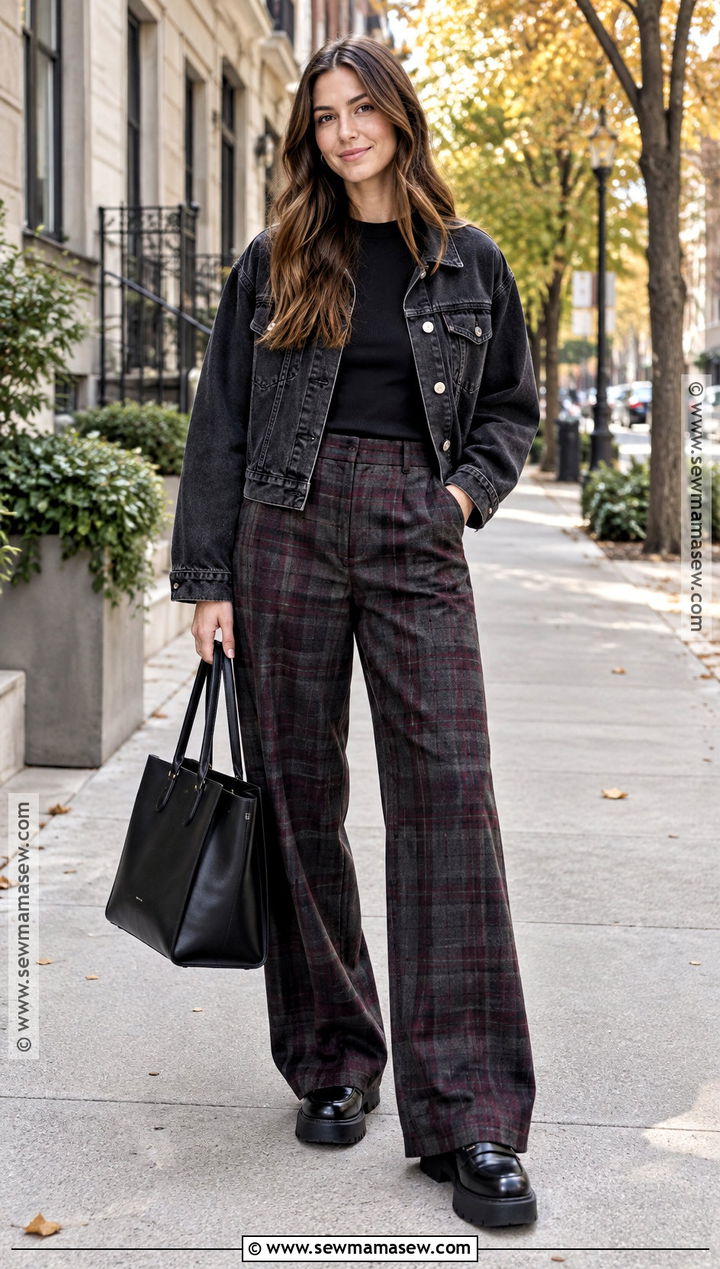 Dark Denim Jacket And Plaid Trousers Outfit - 20 dark fall aesthetic outfits