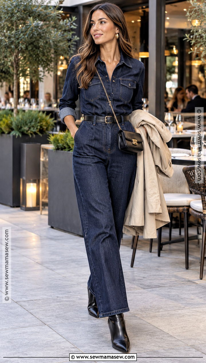 Dark Denim Jumpsuit Fall Happy Hour Outfit - 20 fall happy hour outfit ideas