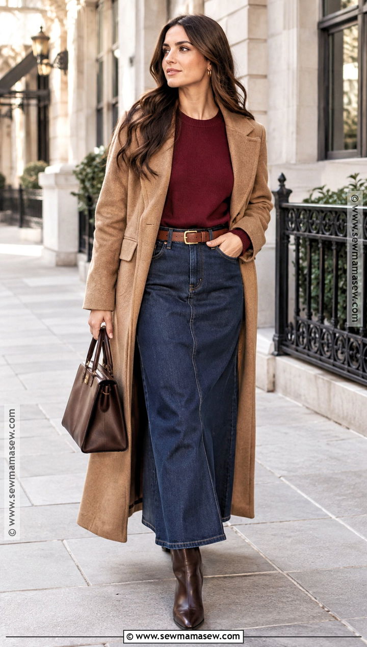Dark Denim Maxi Skirt With Burgundy Sweater - 20 Denim Skirt Outfits Fall