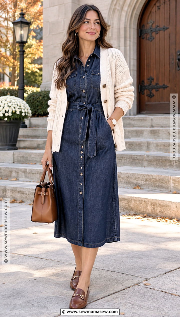 Dark Denim Midi Fall Church Dress - 15 fall church dresses for women