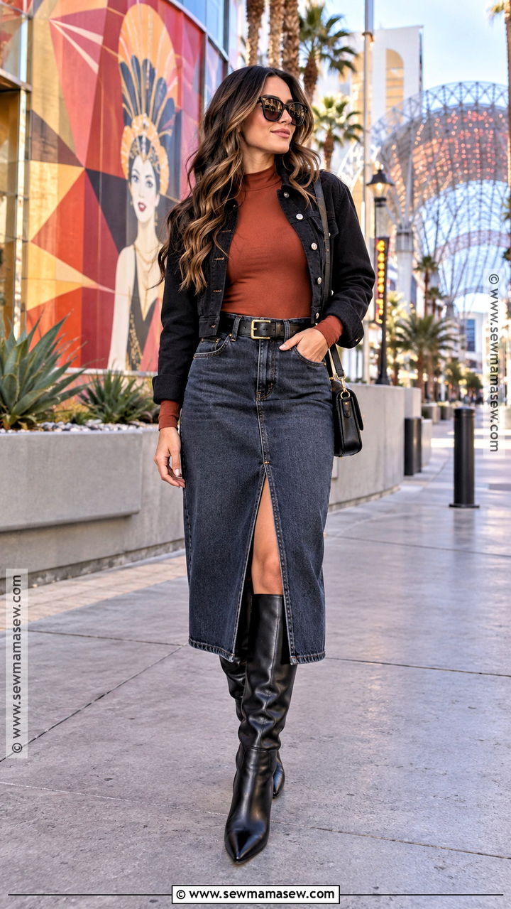 Dark Denim Midi Skirt And Bodysuit Vegas Outfit - 20 fall vegas outfits
