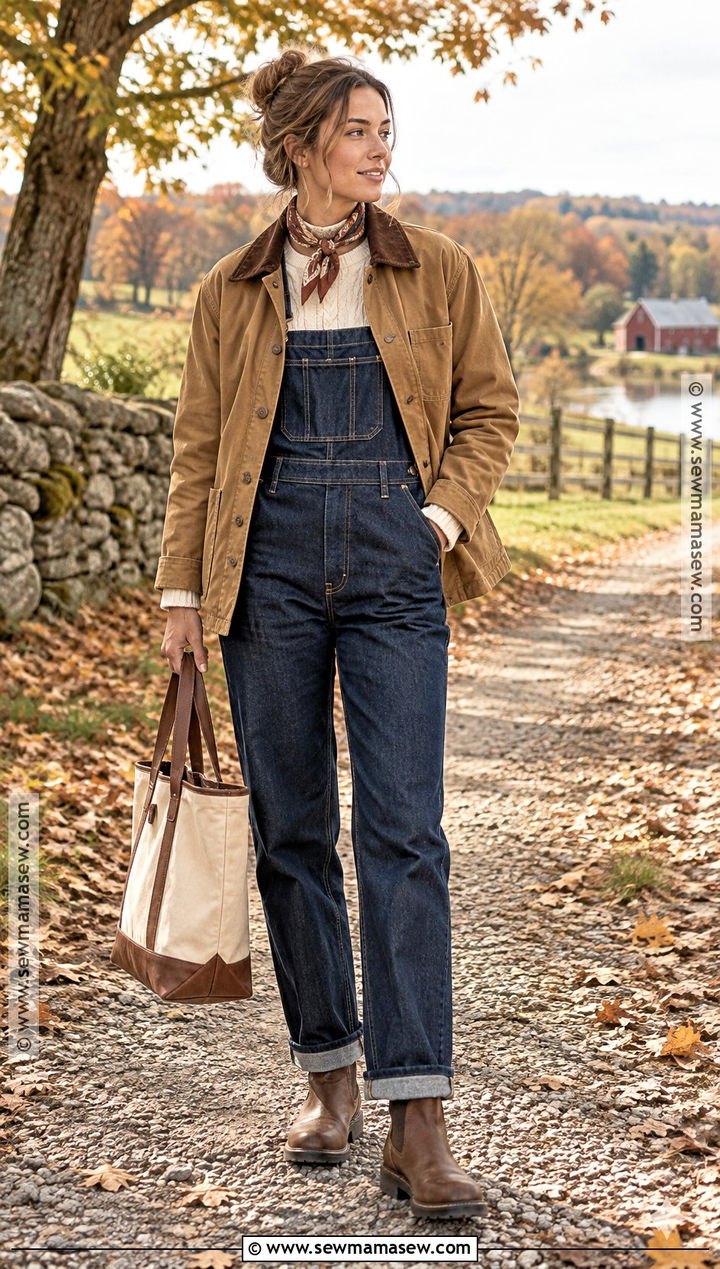 Dark Denim Overall Outfit With Barn Jacket - 20 overall outfit fall ideas
