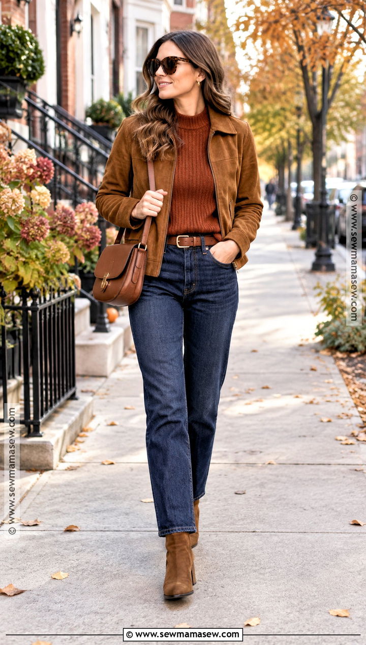 Dark Denim Rust and Cognac Autumn Outfit - 20 warm autumn outfits color palettes