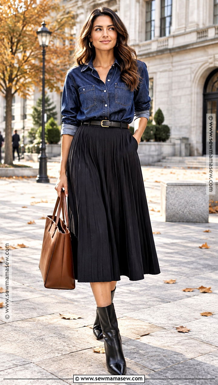 Dark Denim Shirt And Black Midi Skirt Fall Outfit - 15 fall dark outfits for women