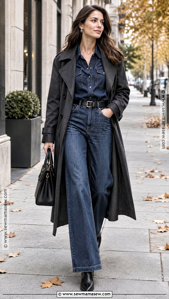 Dark Denim Shirt And Jeans Outfit - 25 dark fall outfits