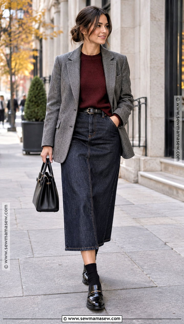 Dark Denim Skirt With Burgundy Sweater And Loafers - 25 denim skirt fall outfits