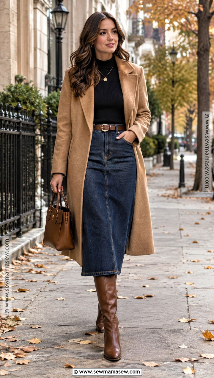 Dark Denim Skirt With Camel Coat And Tall Boots - 25 fall denim skirt outfits