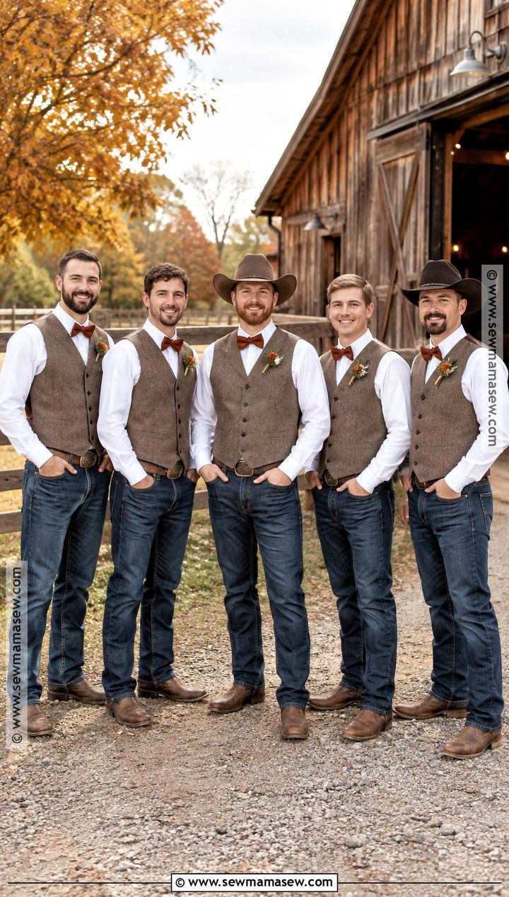 Dark Denim With Tweed Vest Groomsmen Attire - 15 country fall wedding groomsmen attire ideas