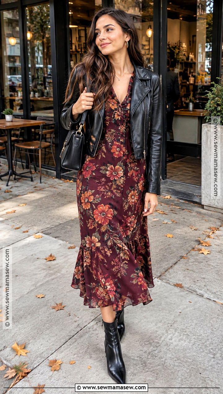 Dark Floral Autumn Dress With Leather Jacket - 25 autumn dress ideas