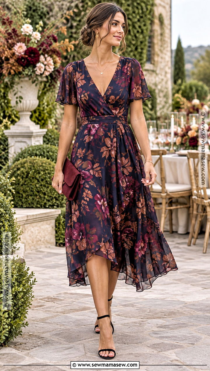 Dark Floral Autumn Wedding Guest Dress - 25 autumn wedding guest dress ideas