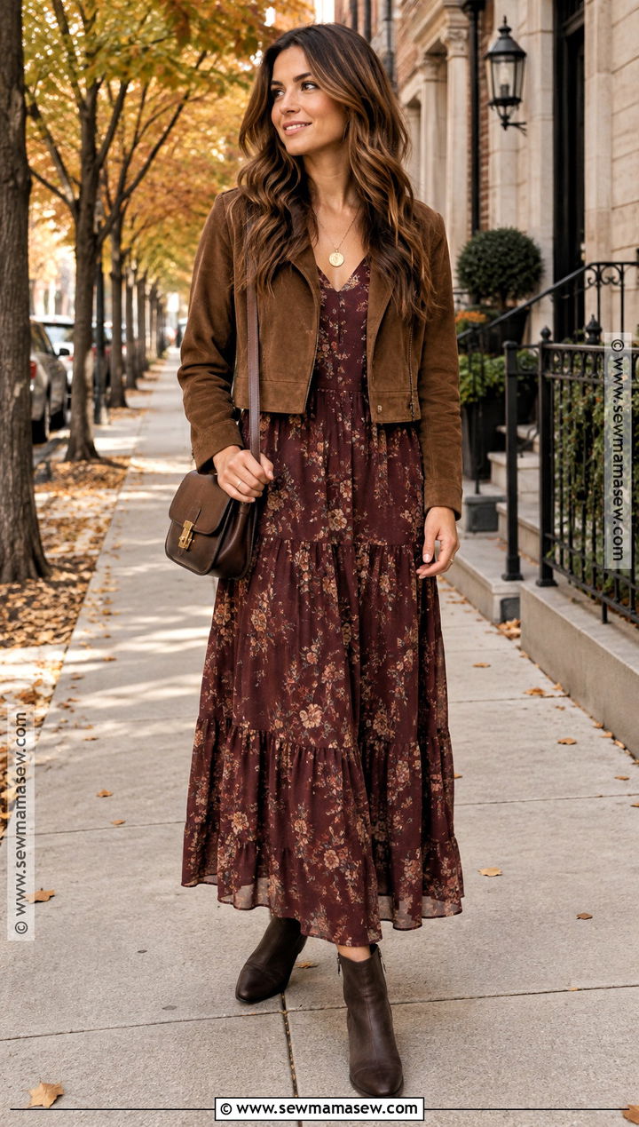 Dark Floral Boho Maxi Dress With Suede Jacket - 15 fall winter boho outfits