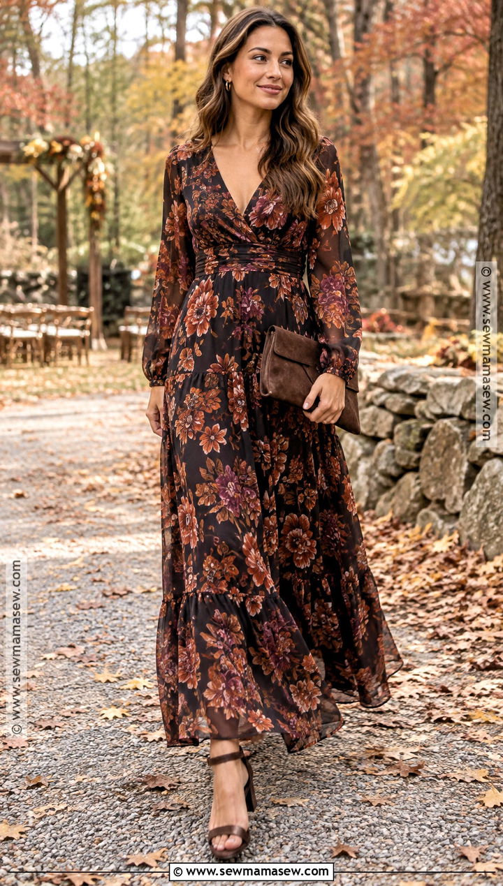 Dark Floral Boho Maxi Dress - 15 Wedding Guest Maxi Dress Fall Ideas