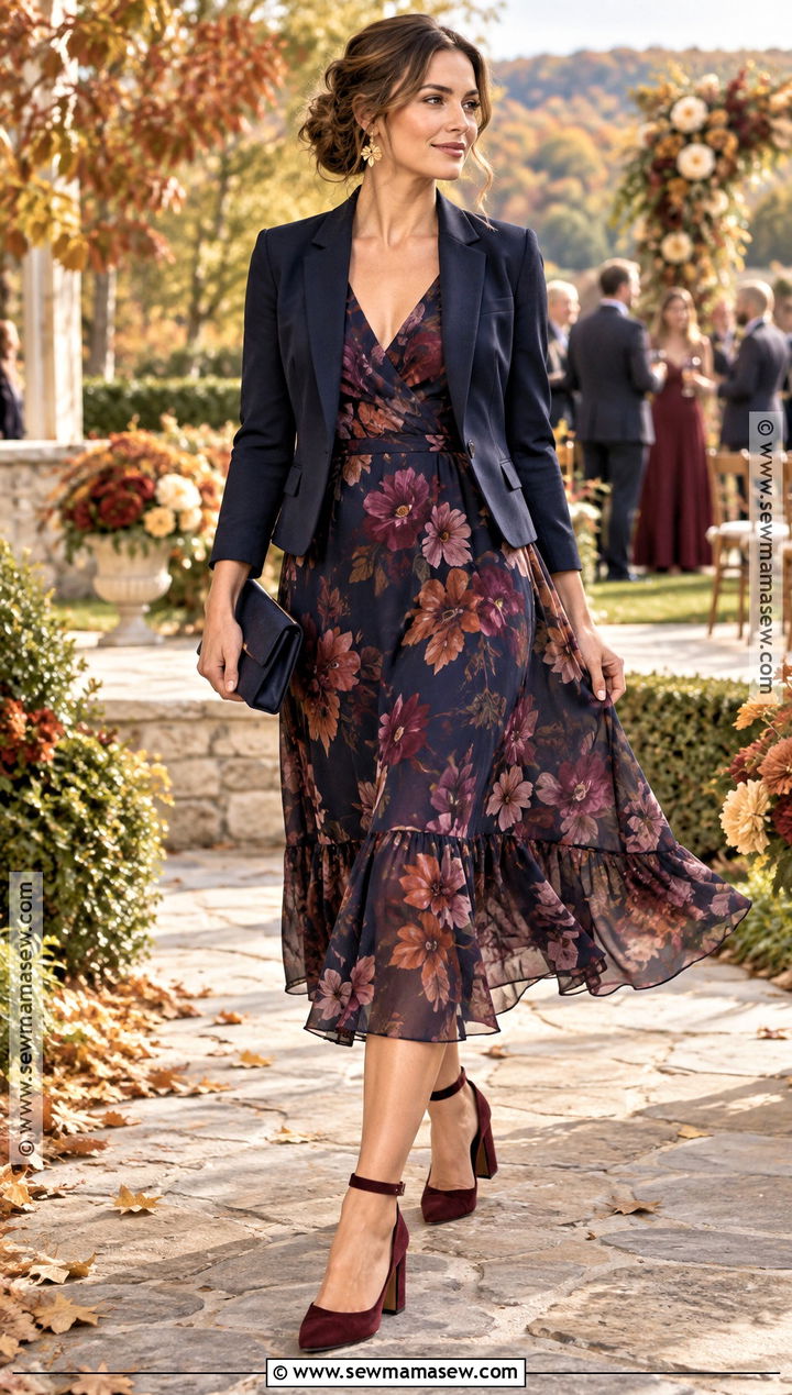Dark Floral Chiffon Cocktail Dress - 25 fall cocktail dress wedding guest ideas