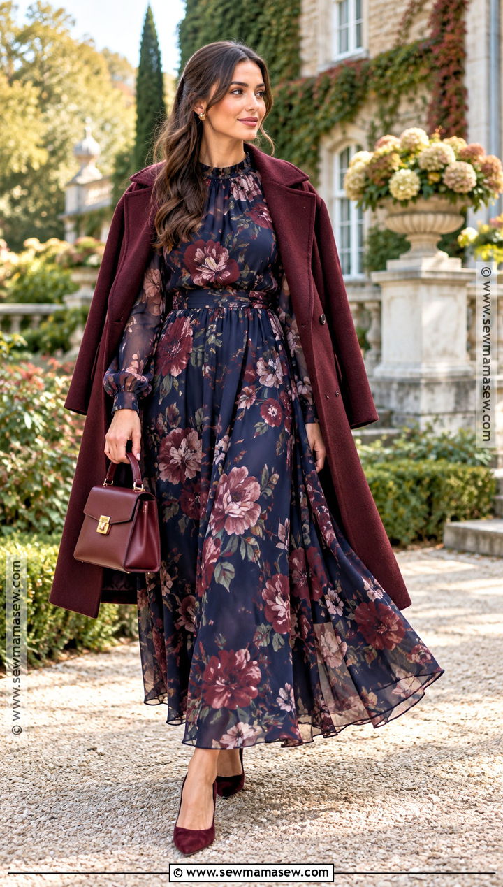 Dark Floral Chiffon Fall Wedding Guest Dress - 15 fall wedding guest dress ideas