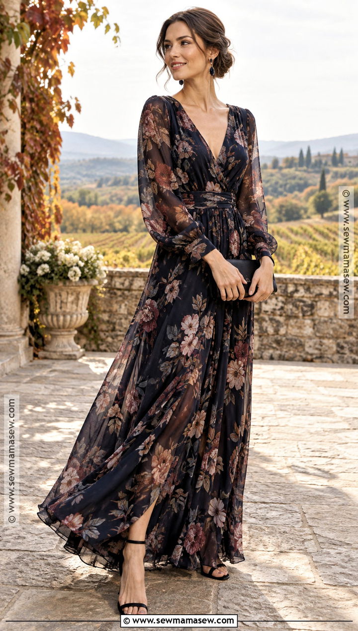 Dark Floral Chiffon Gown Outfit - 15 Black Tie Optional Wedding Guest Dress Fall Ideas