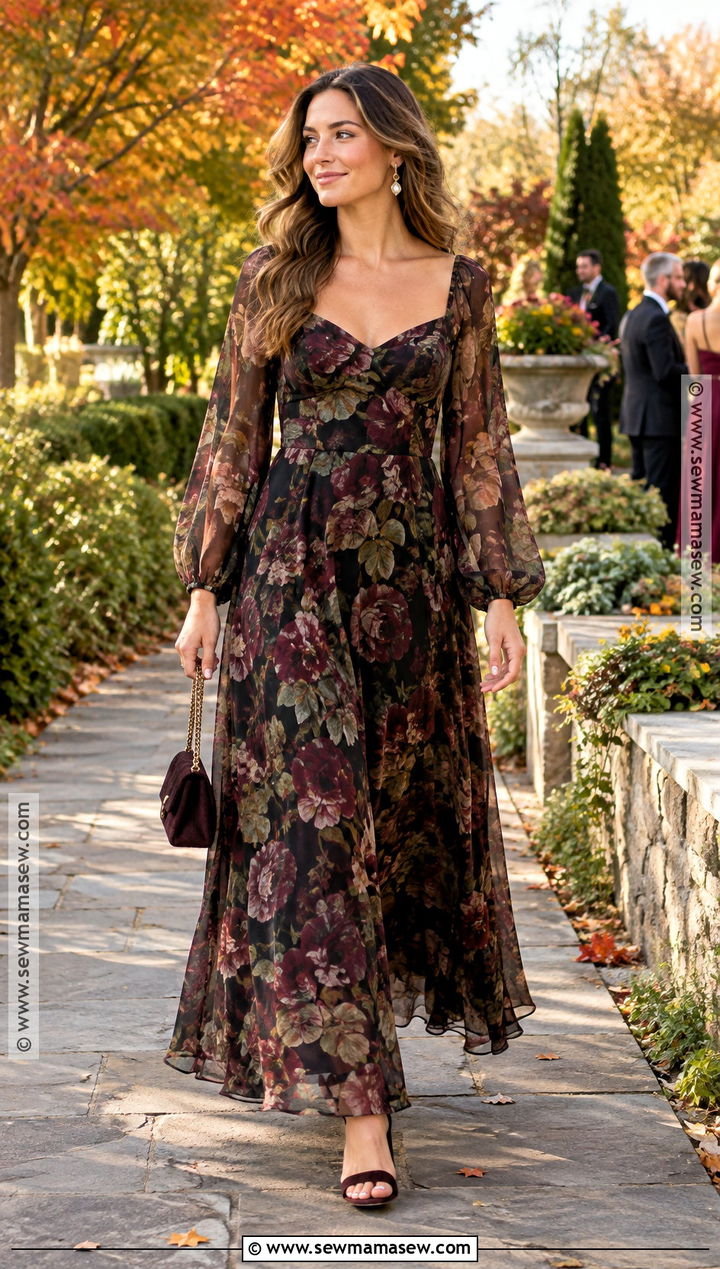 Dark Floral Chiffon Maxi Wedding Guest Dress With Block Heels - 15 best wedding guest dresses fall