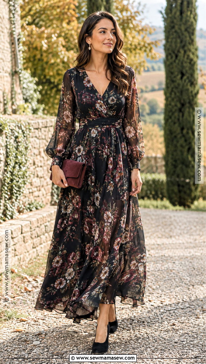 Dark Floral Chiffon Maxi Wedding Guest Dress - 15 Wedding Fall Dresses Guest