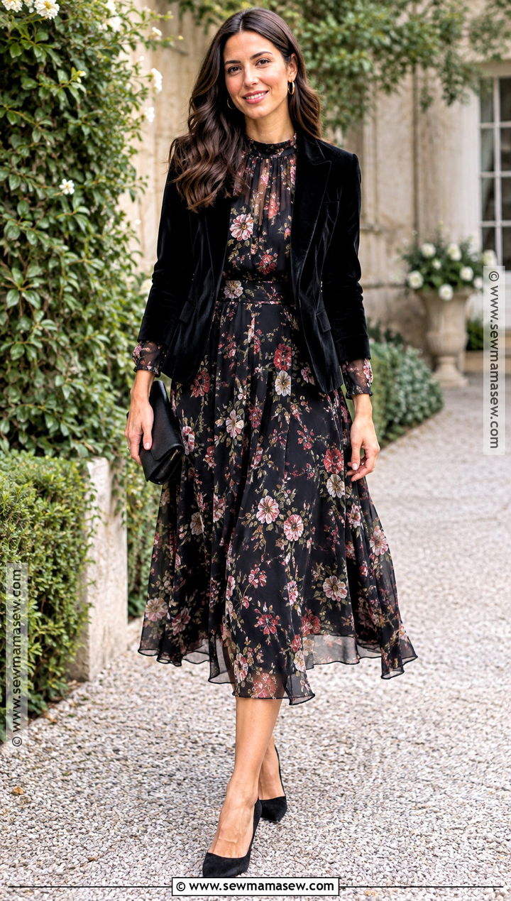 Dark Floral Chiffon Midi Cocktail Dress - 20 cocktail dress fall ideas