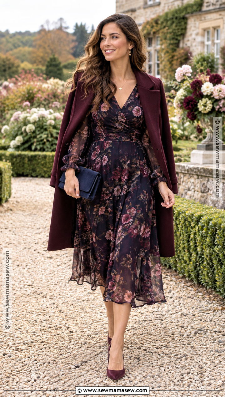 Dark Floral Chiffon Midi Dress Fall Wedding Guest Outfit - 30 fall wedding guest outfit ideas