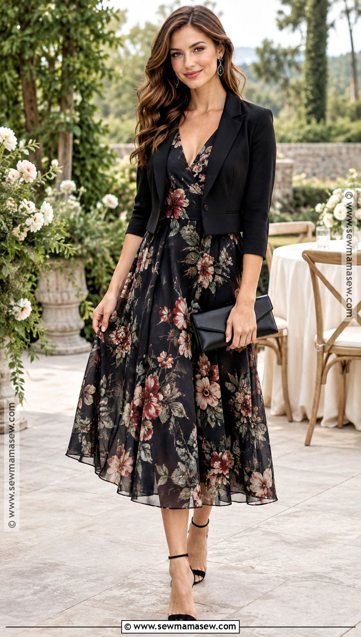 Dark Floral Chiffon Midi Dress Outfit - 20 fall cocktail attire ideas
