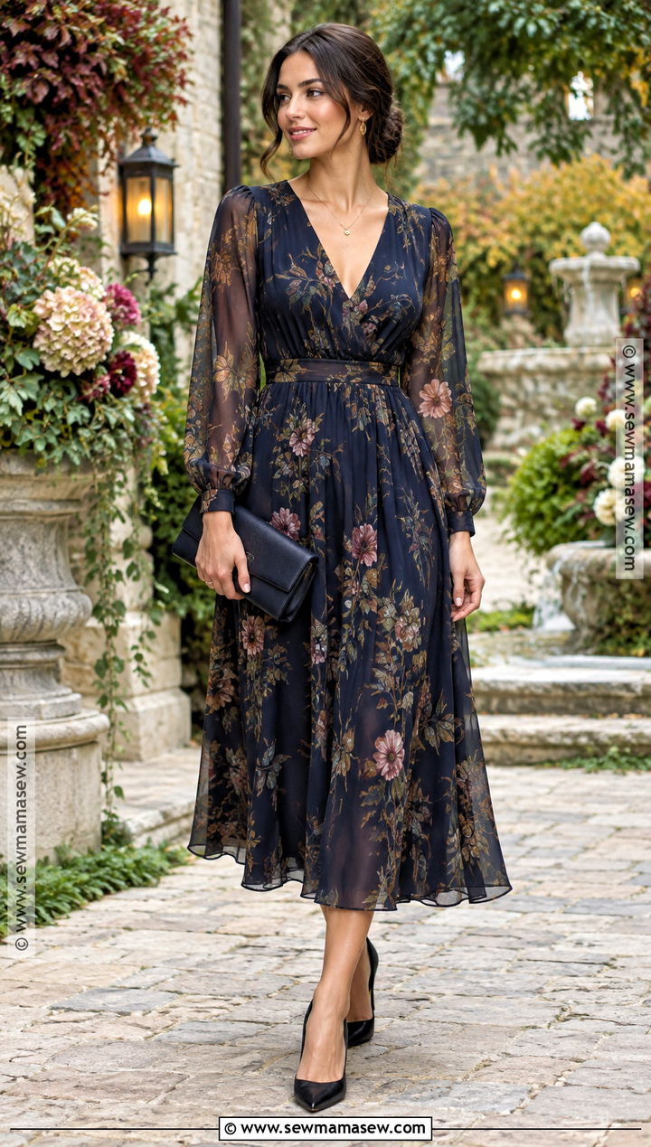 Dark Floral Chiffon Midi Dress Outfit - 15 formal cocktail dress wedding guest fall ideas