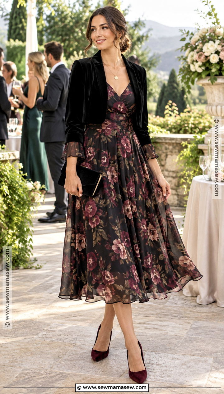Dark Floral Chiffon Midi Fall Cocktail Outfit - 20 Fall Cocktail Attire Ideas for Women