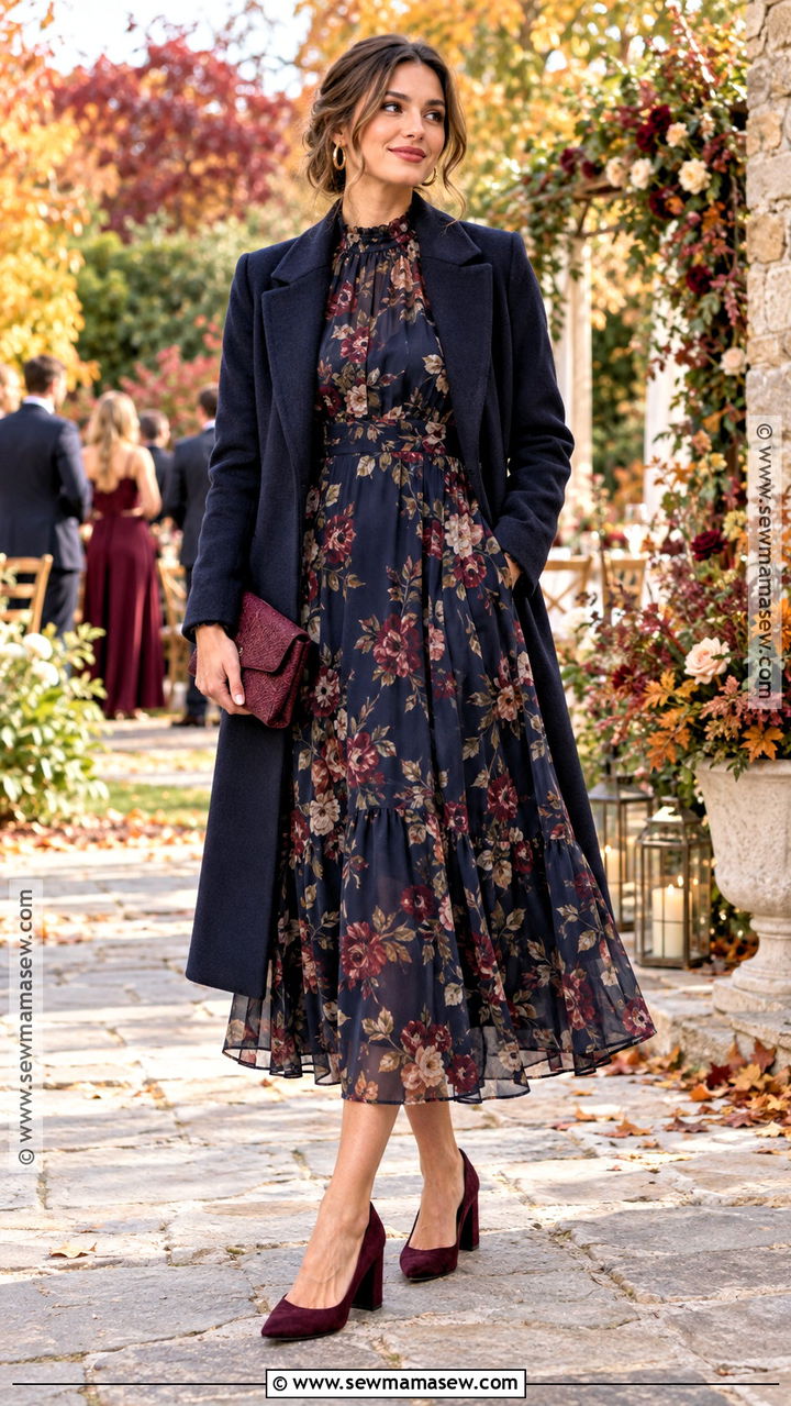 Dark Floral Chiffon Midi Fall Wedding Guest Dress - 20 fall dress wedding guest ideas