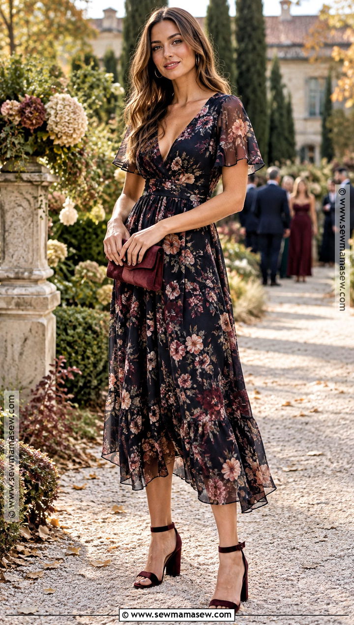 Dark Floral Chiffon Midi Wedding Guest Dress - 20 wedding guest dresses fall