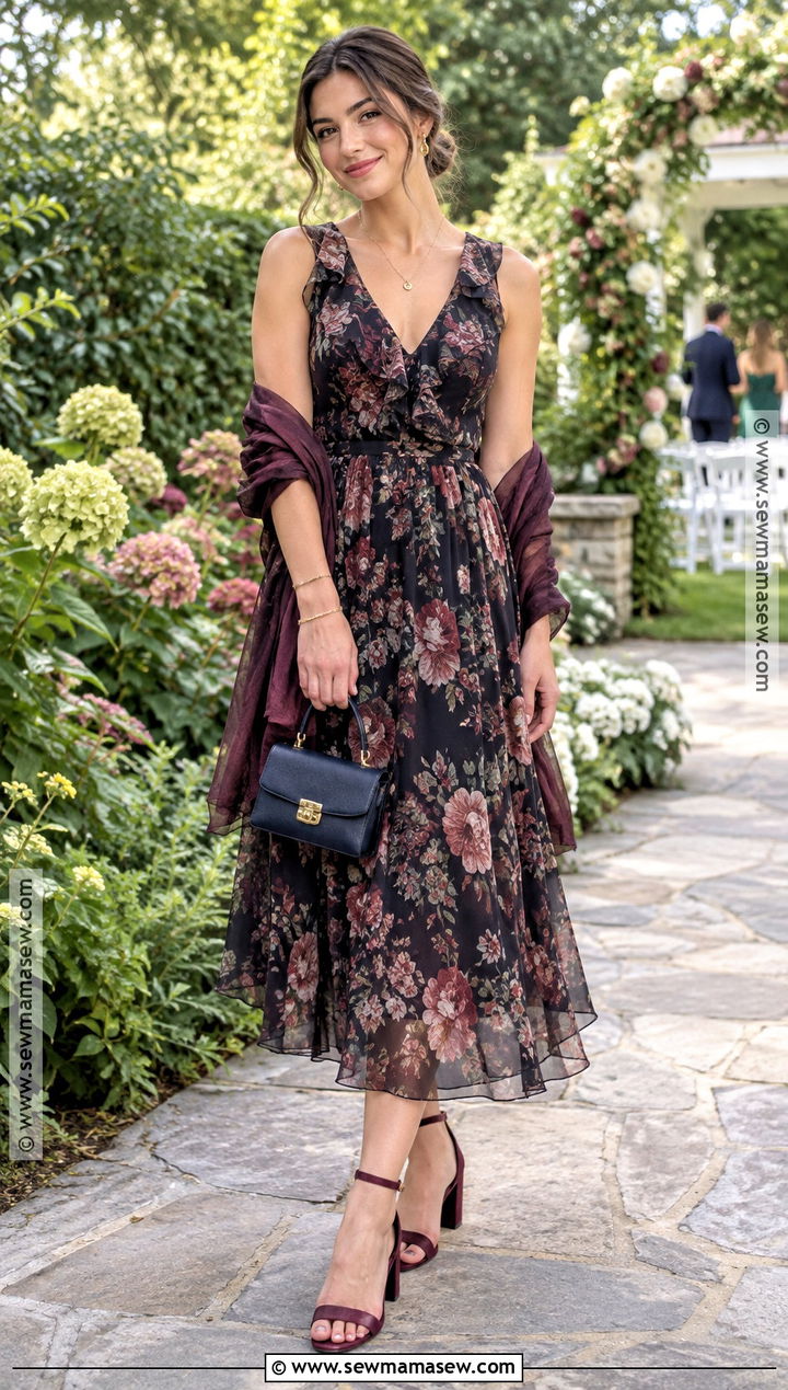 Dark Floral Chiffon September Wedding Guest Outfit - 25 september wedding guest outfit ideas