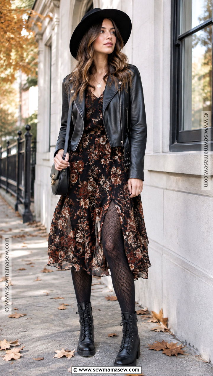 Dark Floral Dress And Leather Jacket Fall Outfit - 25 alternative fall outfits