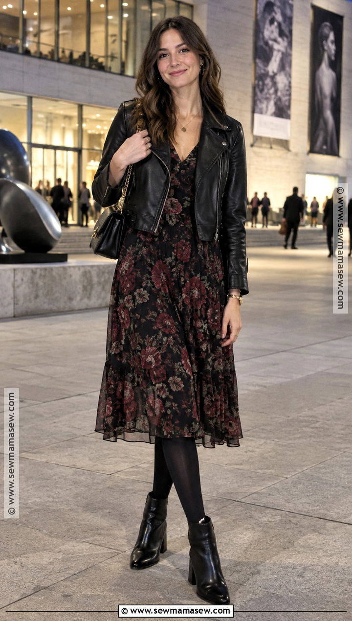 Dark Floral Dress And Moto Jacket Fall Night Out Outfit - 20 fall night out outfit going out ideas