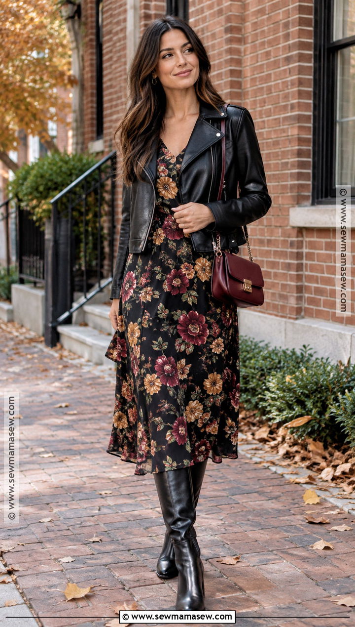 Dark Floral Dress And Moto Jacket Outfit - 25 dark fall outfits