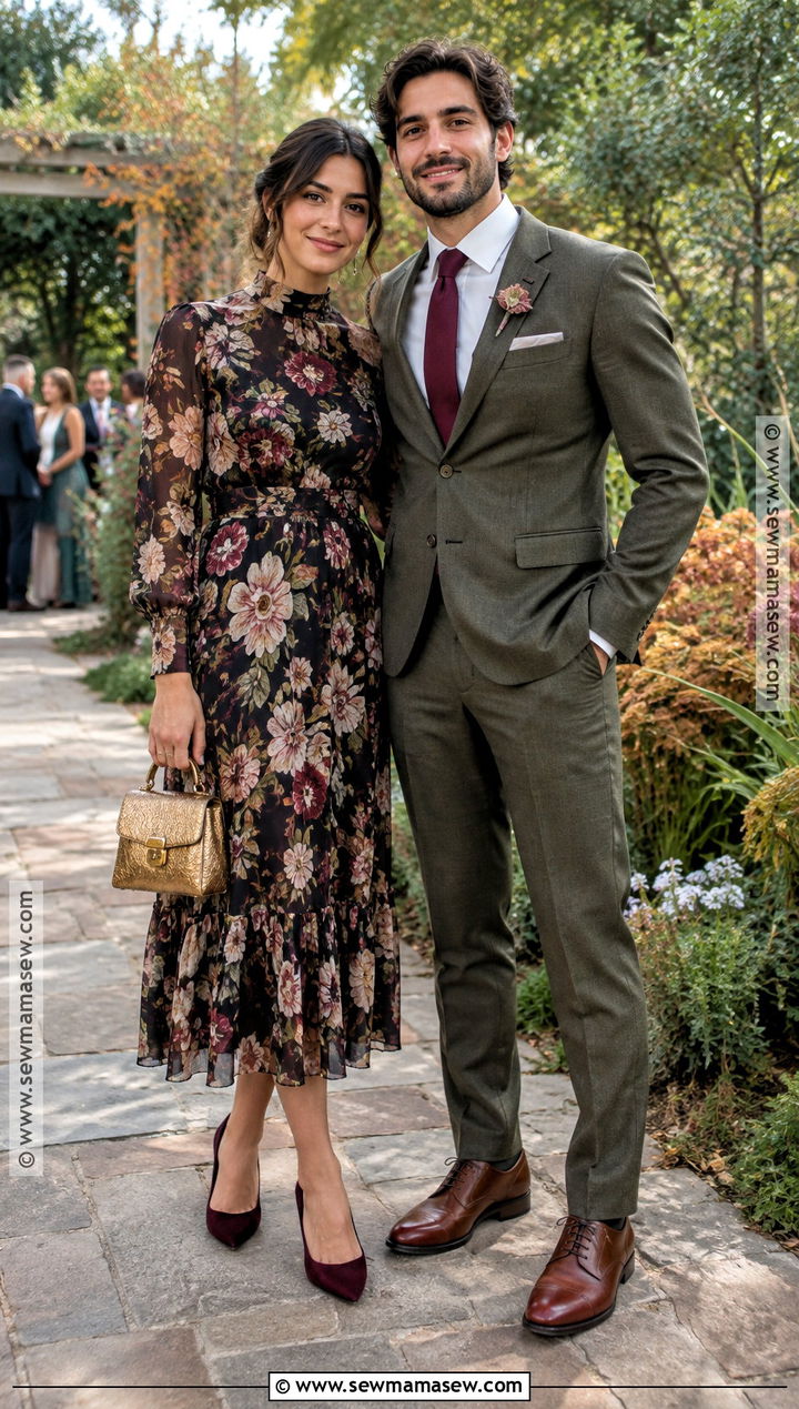 Dark Floral Dress And Olive Suit Fall Wedding Guest Outfit - 15 couples wedding guest outfits fall