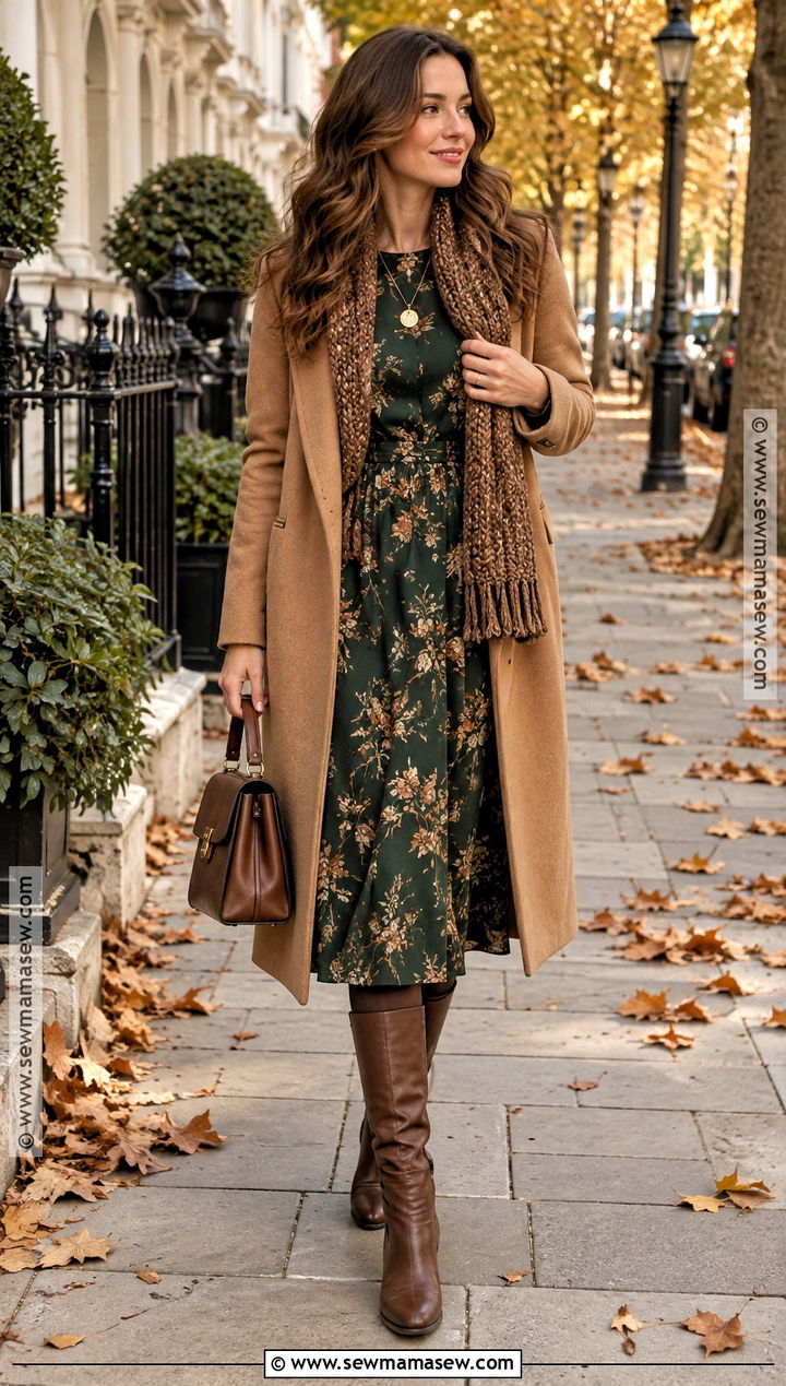 Dark Floral Dress And Wool Coat Cottagecore Fall Outfit - 20 cottagecore fall outfits
