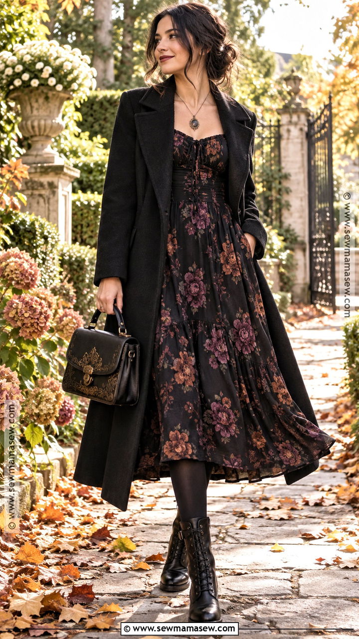 Dark Floral Dress And Wool Coat - 20 Fall Gothic Outfits